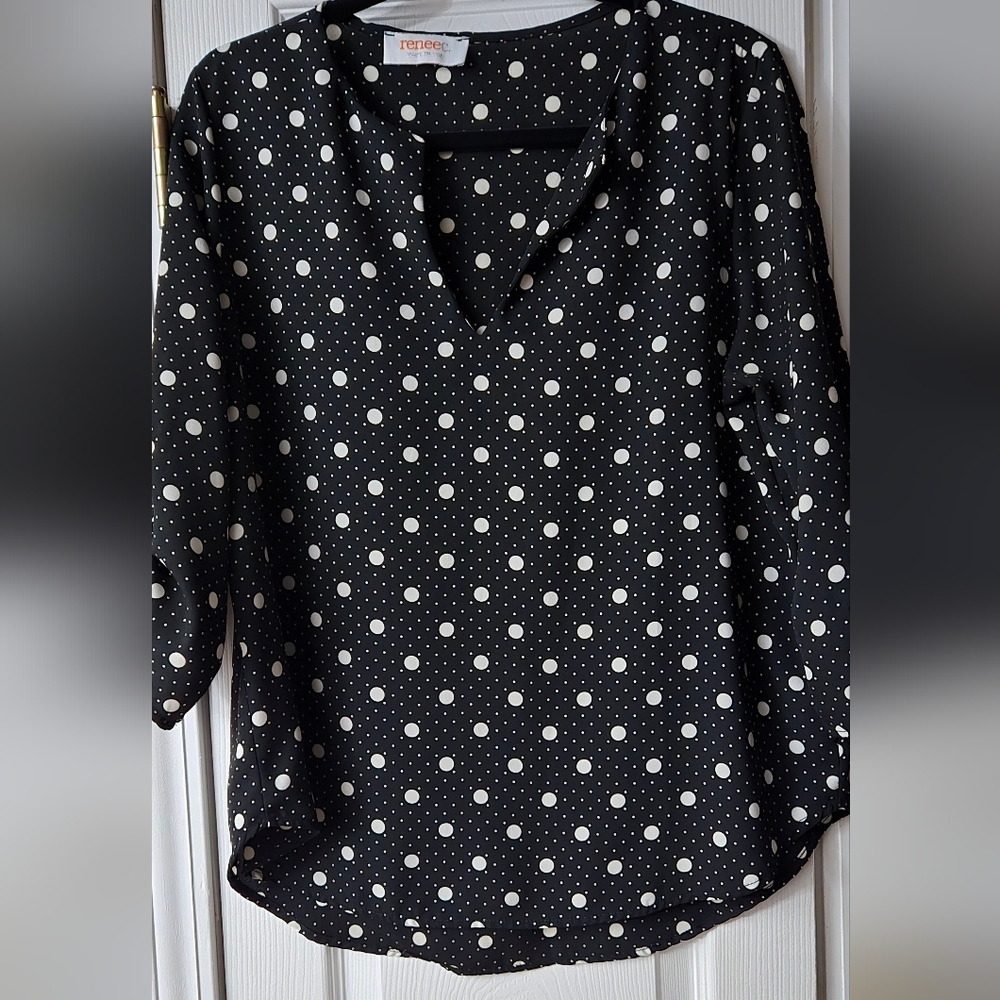 reneeC Quarter sleeve Sleeve Black and White Polkadot Blouse Size M‎ - Picture 4 of 11